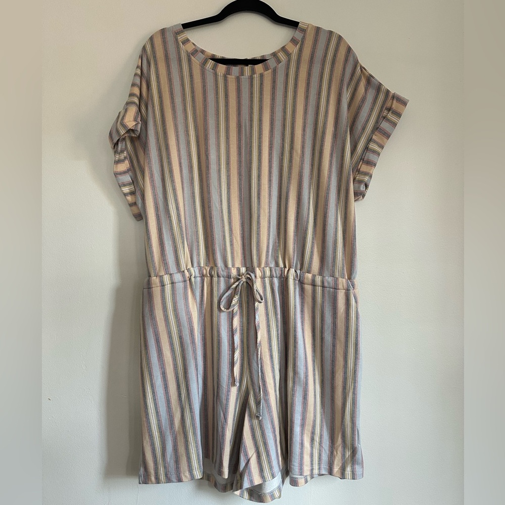 Live Well Striped Short Sleeve Romper Blue Tan Plus Size 18/20W